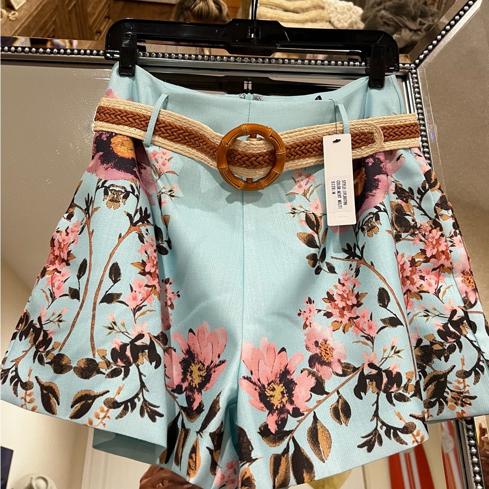 Floral Print Shorts with Woven Belt